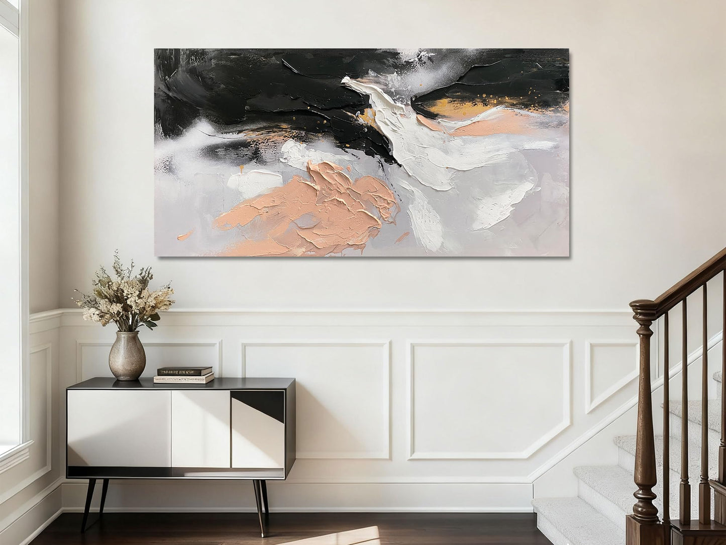 Ardemy Textured Abstract Canvas Wall Art - Black White Gold Beige Brush Strokes Painting Extra Large 58"x29", Modern Splatter Artwork for Living Room Bedroom Home Office Luxury Wall Decor