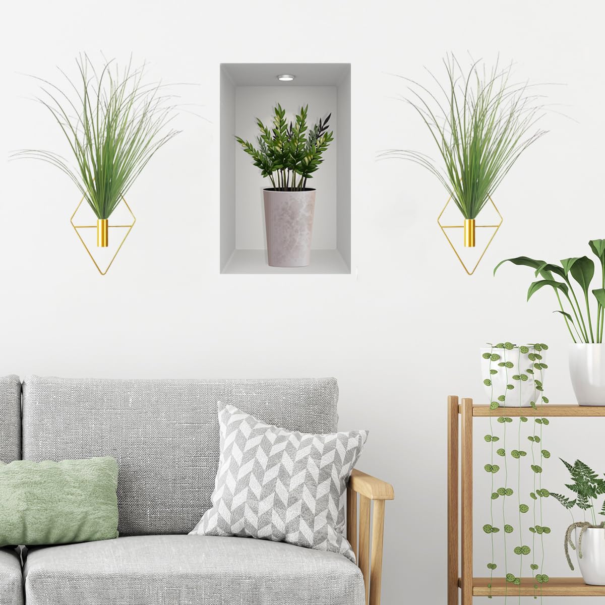 Hanging Planters with Artificial Plants, 2pcs Diamond Shape Metal Hanging Vase with Artificial Shrubs Wheat Grass Greenery Indoor Plants Holder Wall Decor for Home Living Room Bedroom Office (Gold)