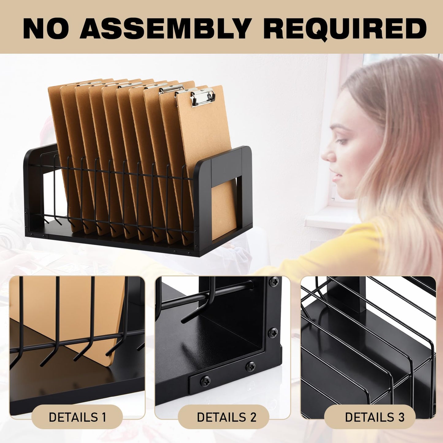 Yookeer 1 Pcs Vertical Clipboard Holder, Desk File Organizer Storage Rack, 12 Slot Wooden and Metal Clipboard Organizer, Storage Stand Rack for Home, Office, No Assembly Required (Black)