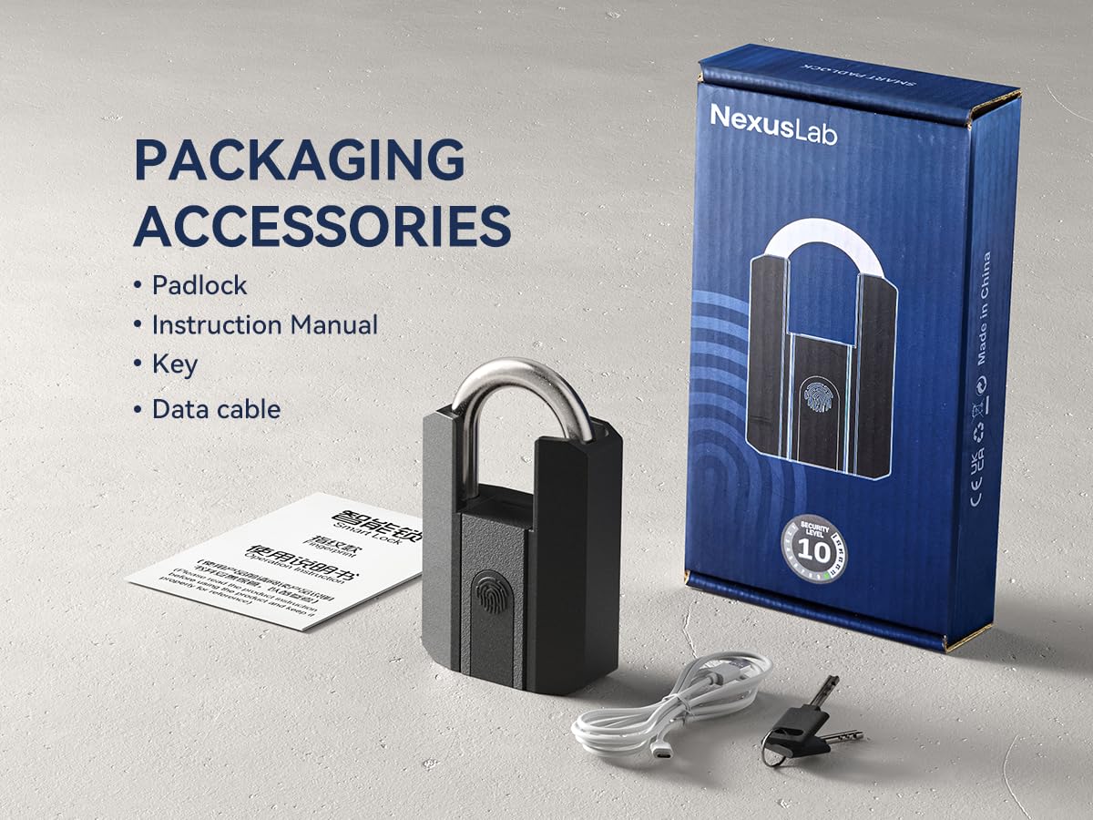 NexusLab Heavy Duty Smart Fingerprint Padlock with Key, IP67 Waterproof Bluetooth Outdoor Gate Lock, Anti-Theft App Control & Log Record, High Security Gym, Fence, Shed, Pool & Storage Unit Locks