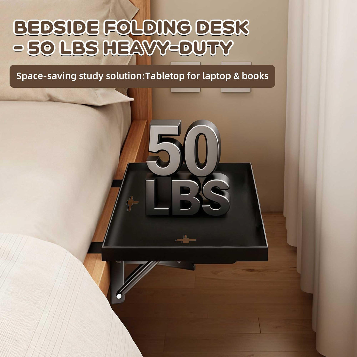 FelRelWel Foldable Bedside Shelf, Extra Large Floating Tray Table for Dorm Room & Bunk Bed, Side Table with 3 Cord Holes,College Dorm Room Essentials for Max 15.6" Laptops (15.7" x 11.8", Black)