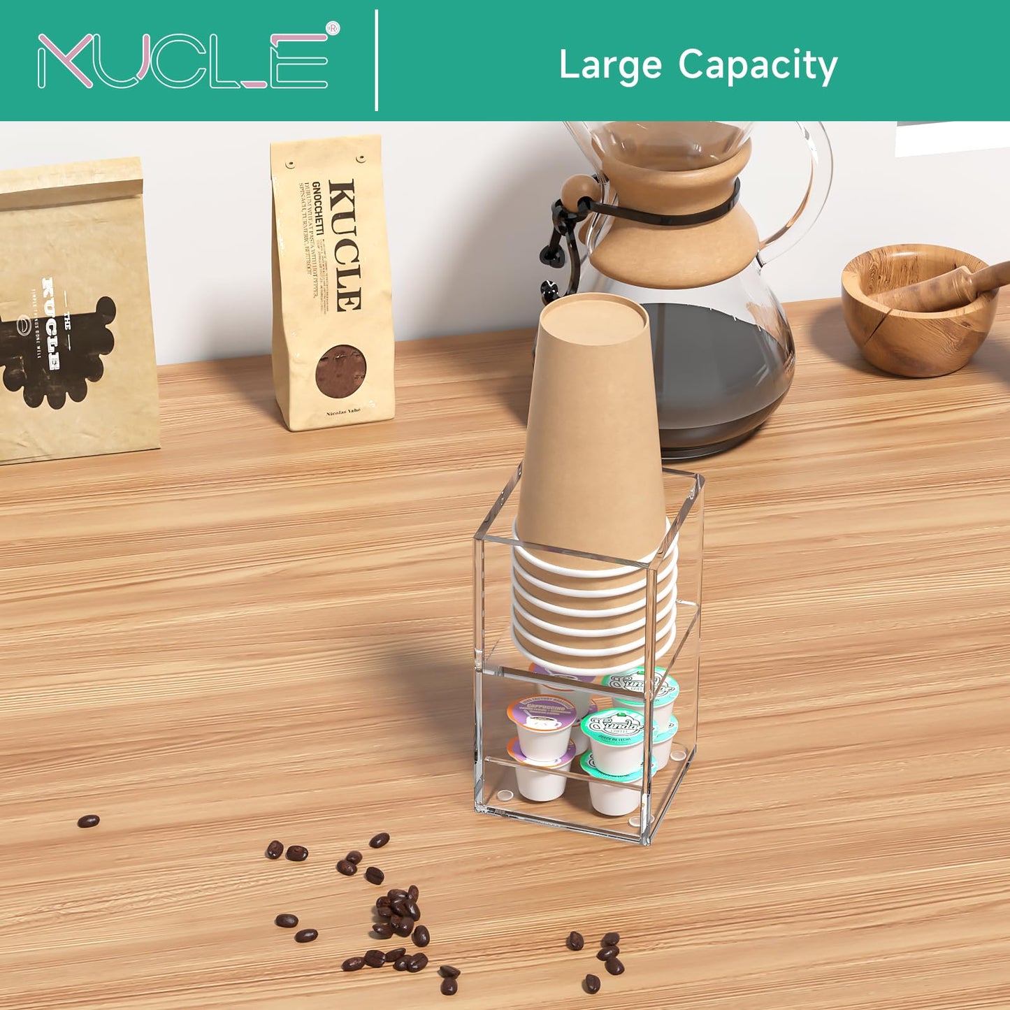 Kucle 2-Tier Coffee Station Organizer for Countertop, 2 Compartments Clear Acrylic Cup and Lid Holder Tea Condiment Storage Upright Coffee Bar Organizer Pod Dispenser for Office Breakroom Home Kitchen