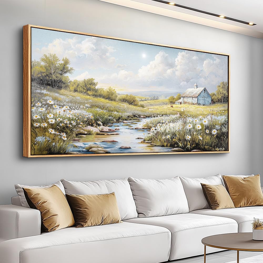PHAOHUAXM Large Canvas Wall Art For Living Room Wall Decor For Bedroom Flower Watercolour Office Decoration Countryside Scenery Wall Picture Printing Art Painting Home Decor 30x60 In Wood Framed