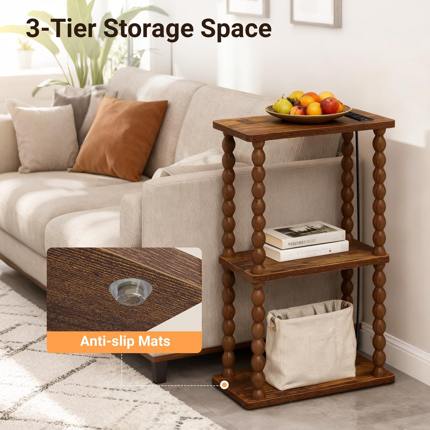 ELYKEN Side Table with Charging Station, Small End Tables Living Room with USB Port and Outlet, 3-Tier Narrow Bedside Table Nightstands for Bedroom, Rustic Brown