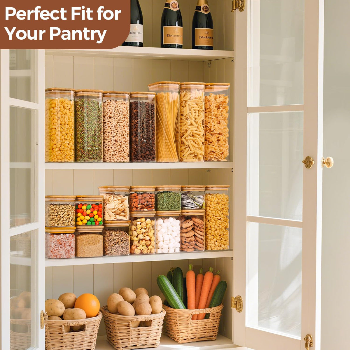ComSaf Airtight Glass Storage Canister with Lids (0.7Qt/1.2Qt/1.6Qt) Set of 6, Food Storage Container Kitchen Pantry Storage Jar, Glass Jars for Flour Cereal Sugar Tea Coffee Beans Snacks, Square