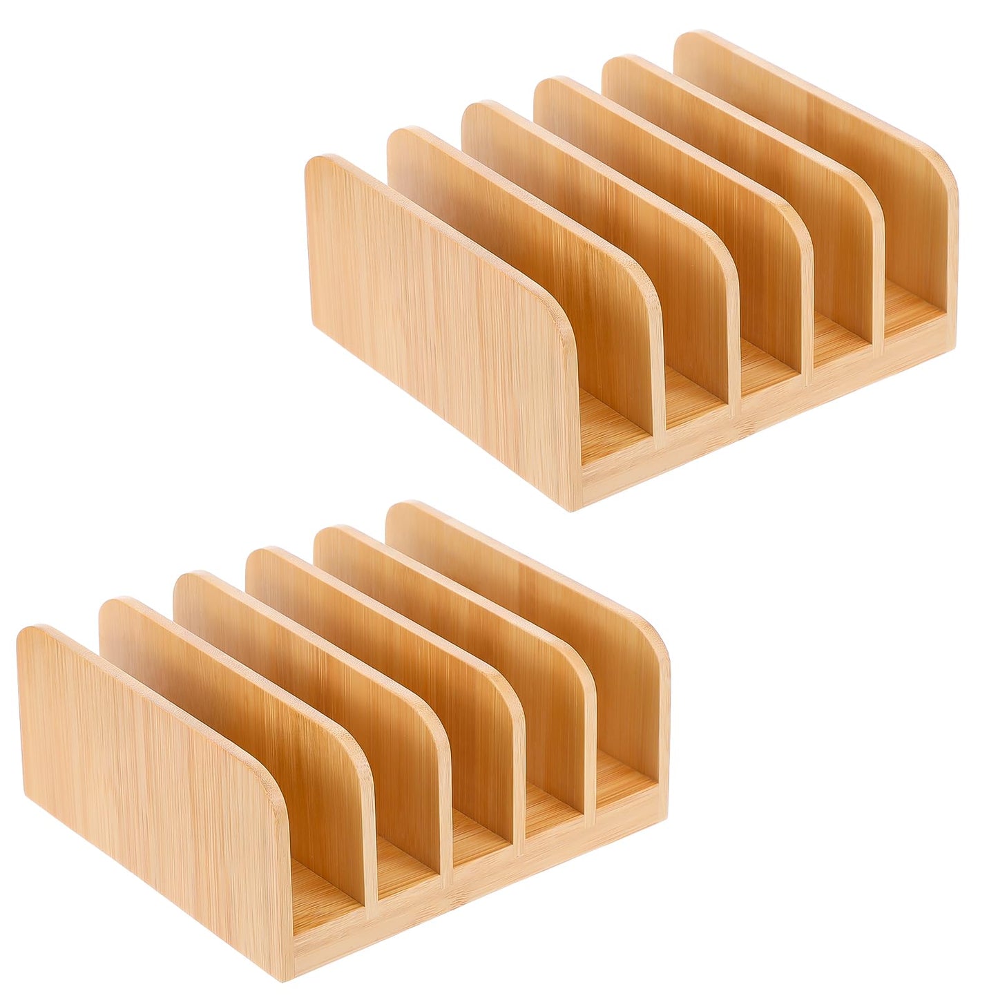 Kifmurase 2Pcs Desk Mail Organizer with Divider, Bamboo File Holders, Vertical Letter Sorter for Desktop, Countertop Paper Organizer, 5 Compartments Envelope Holders for Bill, Document, Notebook