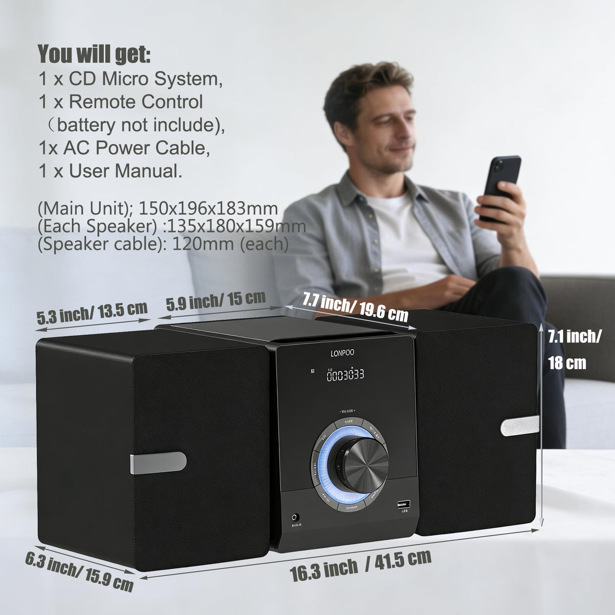 Compact Stereo System Speakers with CD Player, Bluetooth, FM Radio, Aux-in, USB-in, Earphone Jack, DSP-Tech, Remote, 30W Crisp-Sound Shelf Stereo System for Home (LP-886)