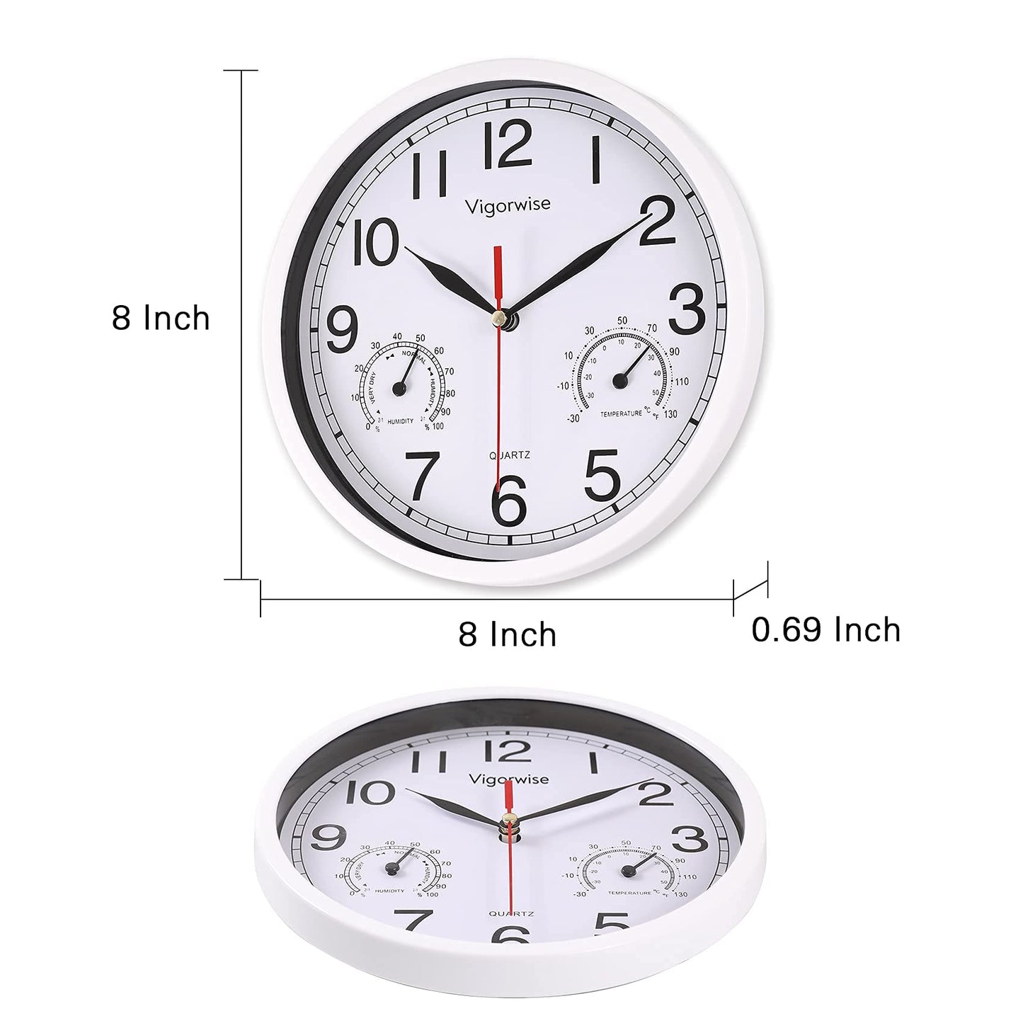 Vigorwise 8 Inch White Wall Clock, Sweep Silent Movement Accurate Clocks with Temperature & Humidity, Decorative for Kitchen/Living Room/Bedroom/Office/School/Classroom