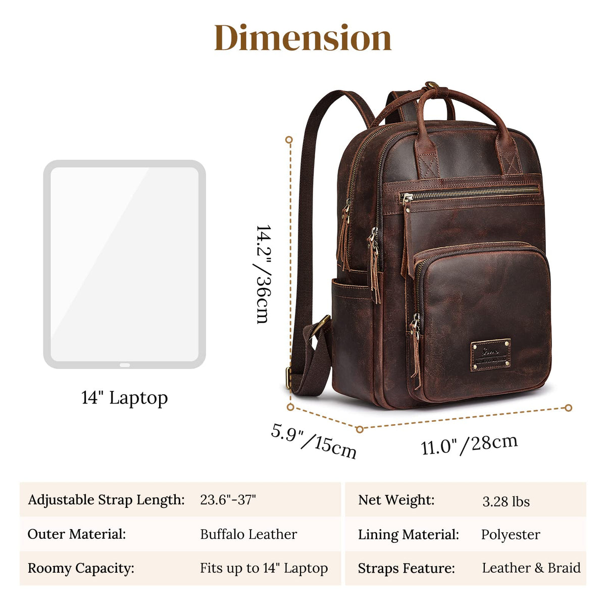 S-ZONE Vintage Genuine Leather Backpack Purse for Women Men Rucksack Travel Daypack with Luggage Sleeve