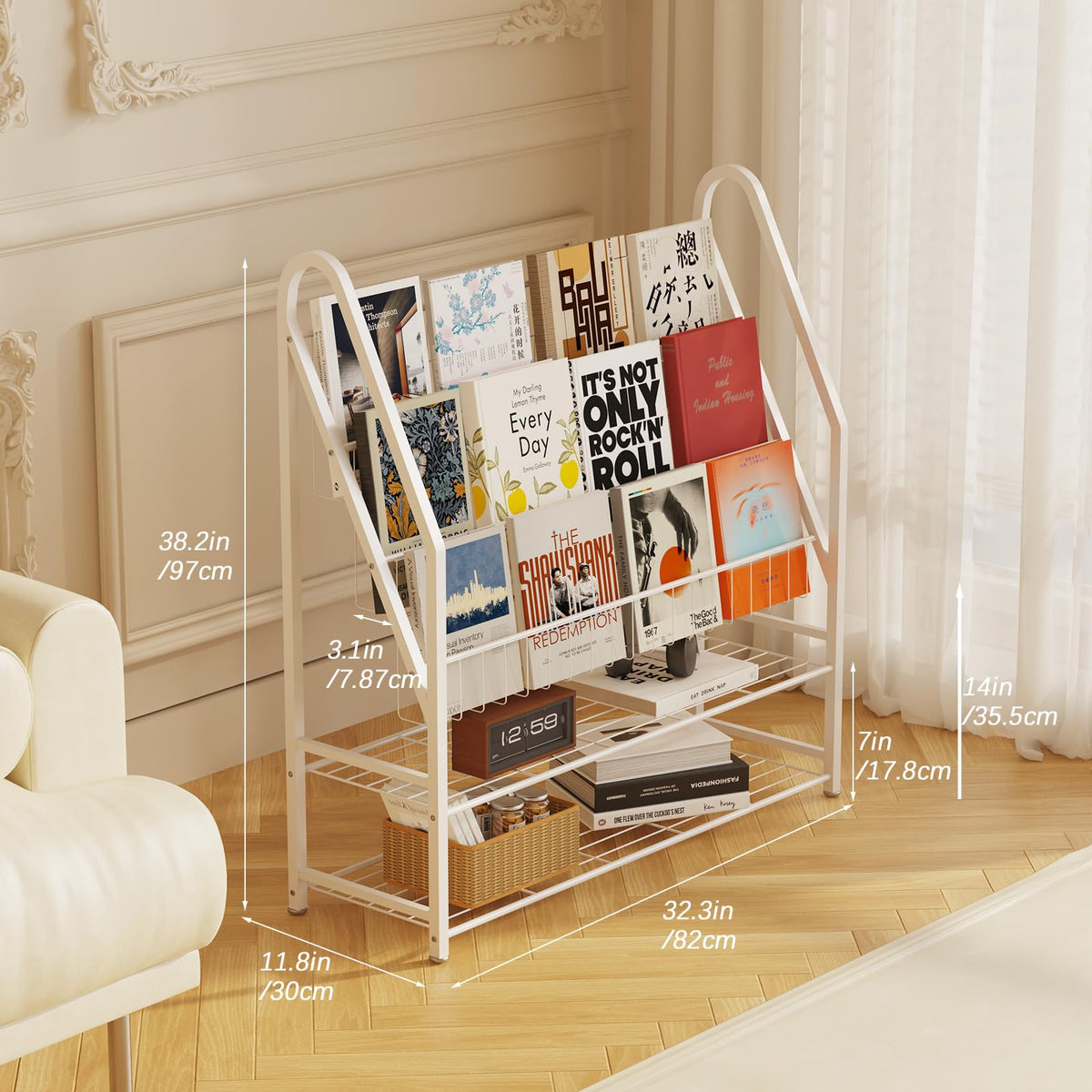 Arbuxzuy Magazine Rack Small Metal for Storage Freestanding 11.8" D x 32.3" W x 38.2" H, Sofa Height Short Book Shelf for Display and Storage, Ladder Bookcase for Home Office, White
