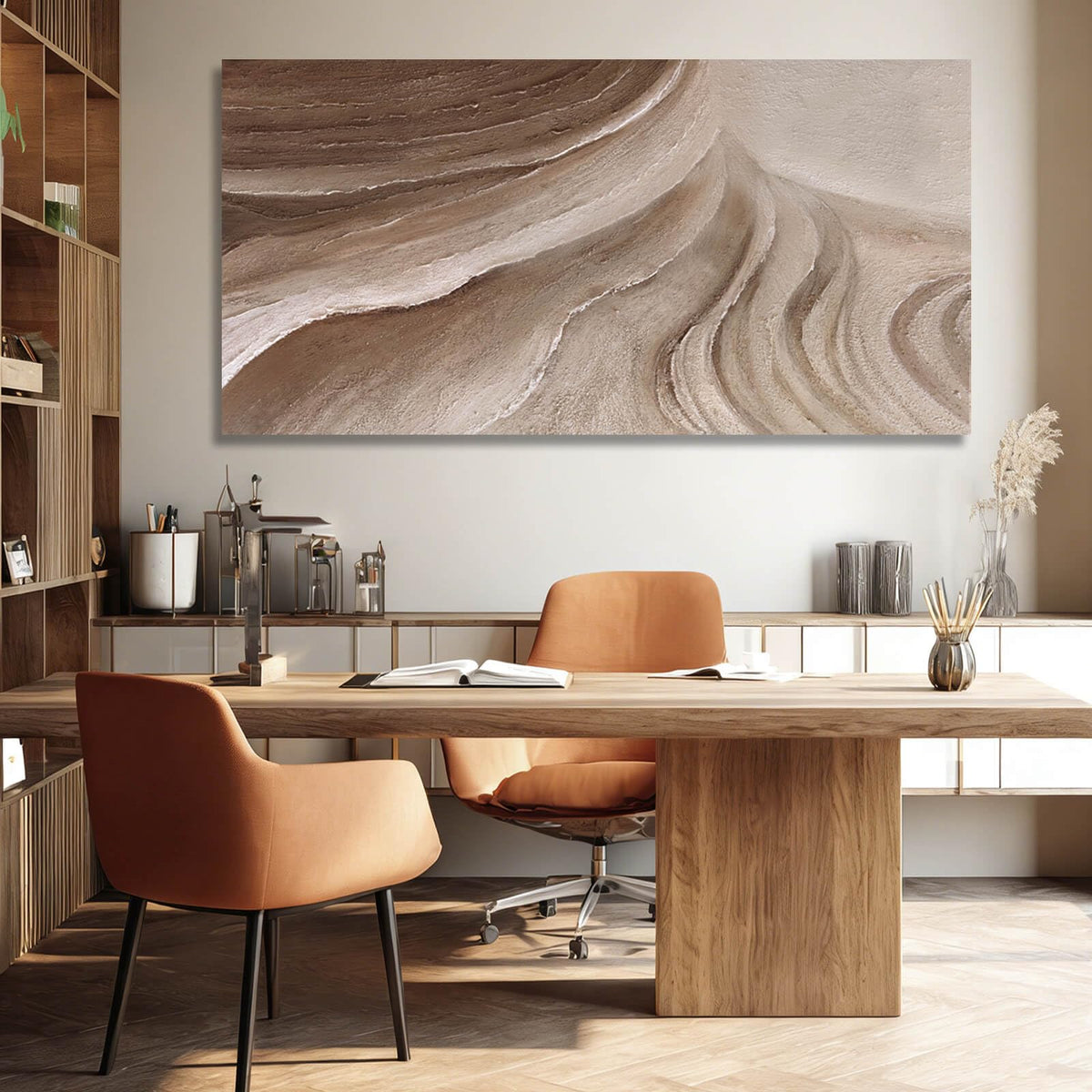 MLART99 Modern Abstract Beige and Brown Canvas Wall Art Textured Minimalist Line Painting Wave-Inspired Artwork for Living Room Bedroom Office Home Decor 24x48 Inch