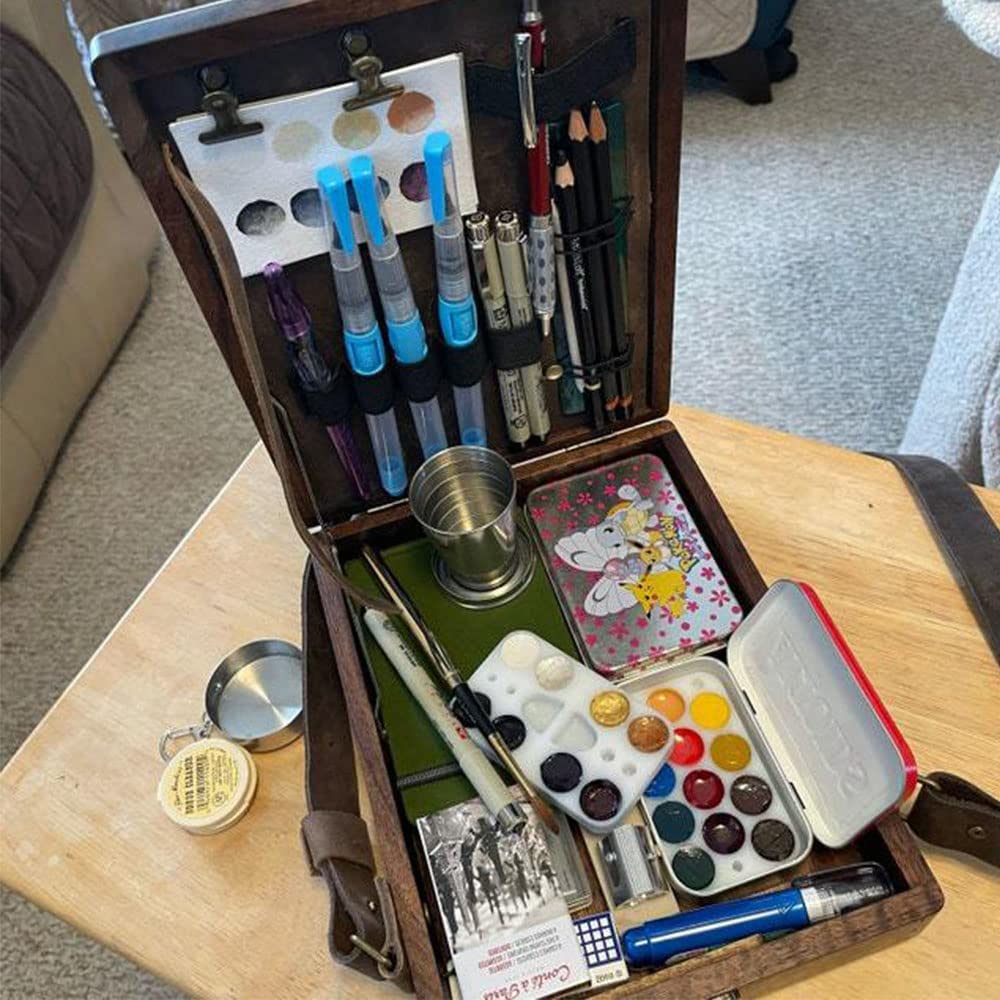 Writers Messenger Wood Box, Multifunctional Wooden Handmade Crossbody Postman Bag Portable Artist Tool Bag Painting Brush Tool Storage Sketch Box Easel for Outdoor Painting (Brown)…