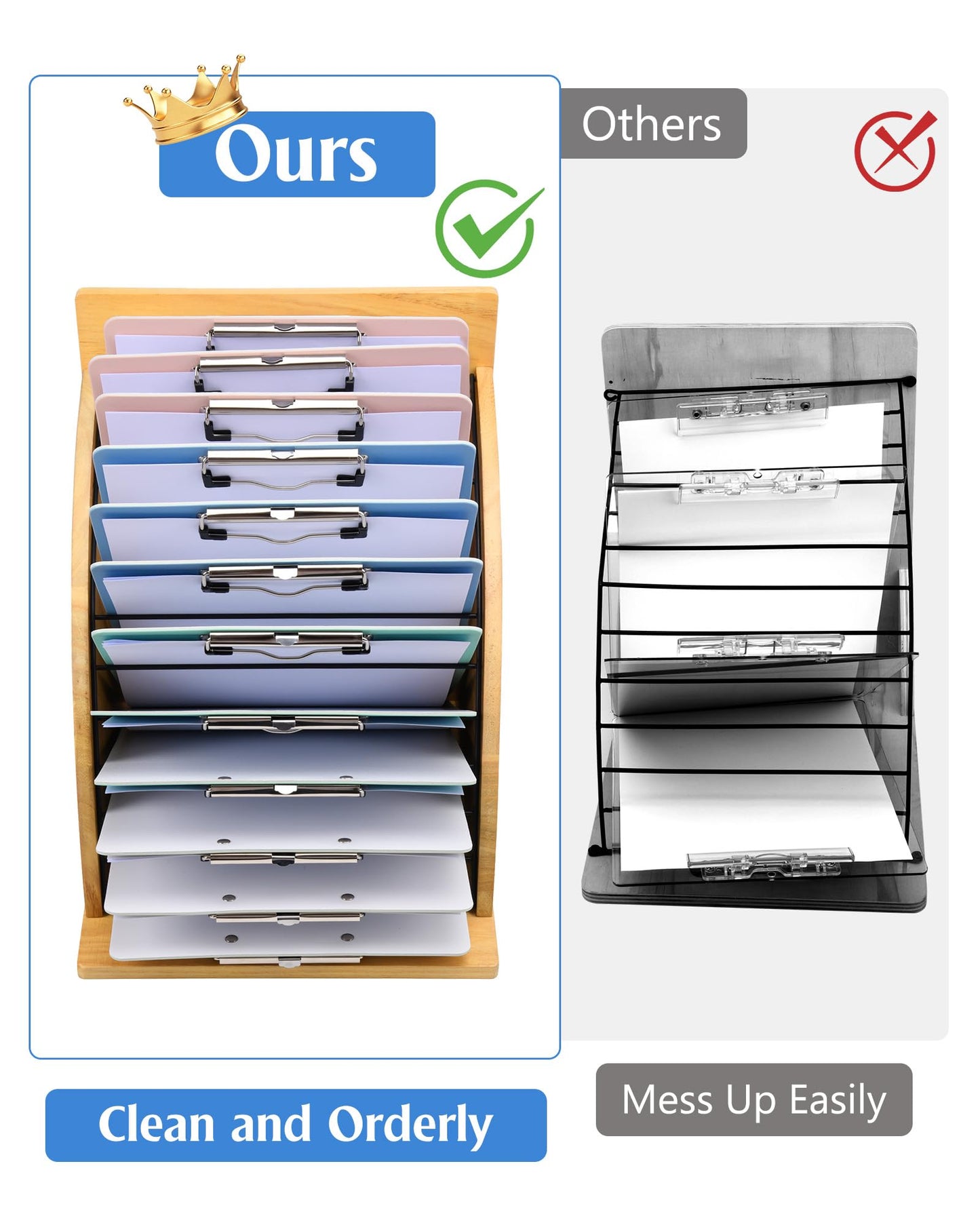 HULISEN Clipboard Holder, Wooden Clipboard Organizer with Raised Side Panel, Clip Board Storage Rack for Classroom and Office, Clip Boards not Included