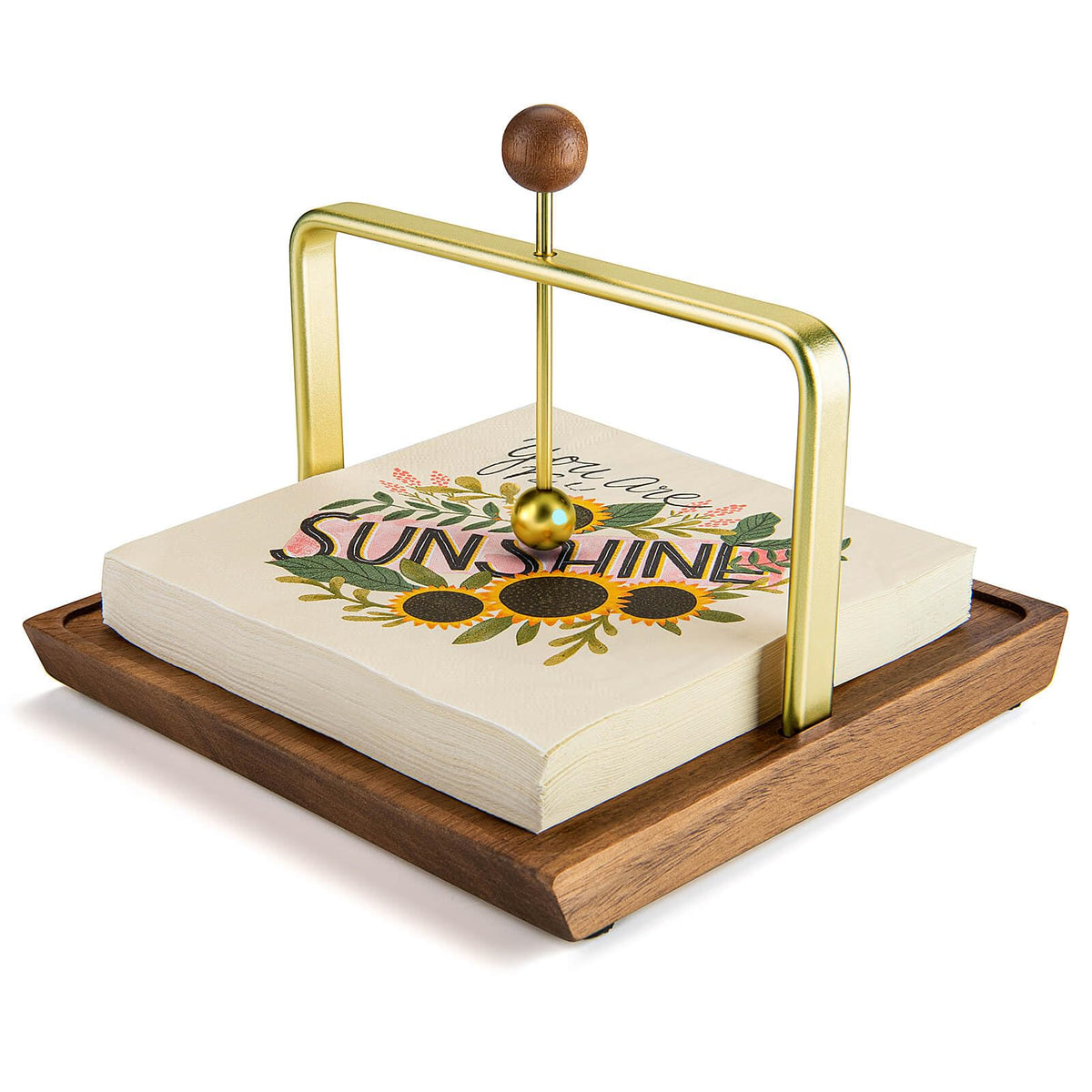 Wood Napkin Holder for Table, Square Tabletop Napkin Dispenser with Sophisticatedly Metal Center Bar, Cocktail Napkin Holder for Home, Kitchen, Office, Restaurant, Hotel, Cafe, Bar