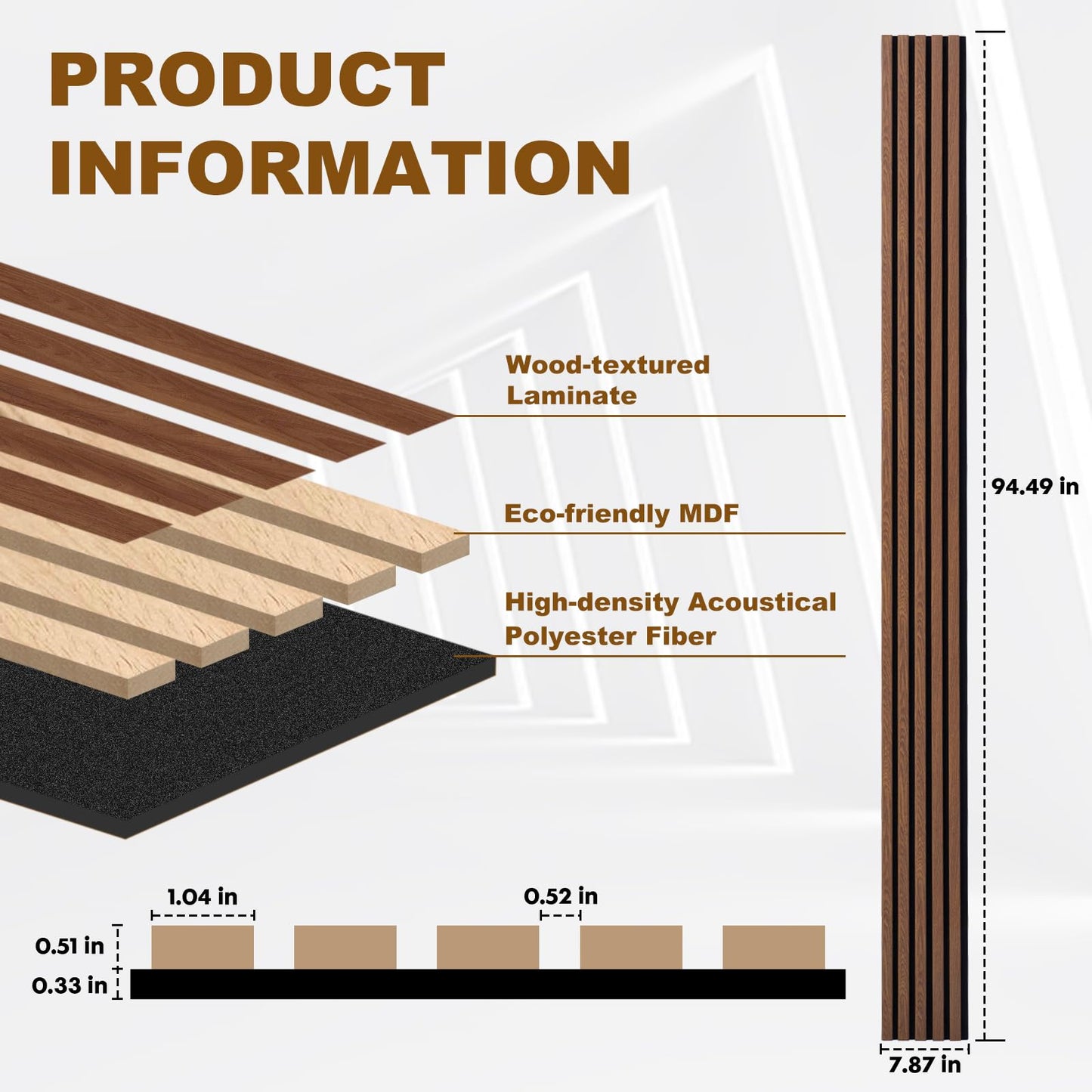TREKATL AUTO Wood Slat Acoustic Panels, 4 Pack 94.5"x7.9" (21ft²) 3D Wall Panels, Modern Fluted Sound Absorbing Wall Panels for Interior Wall Decor,Office,Home,Theater,Studio,Walnut