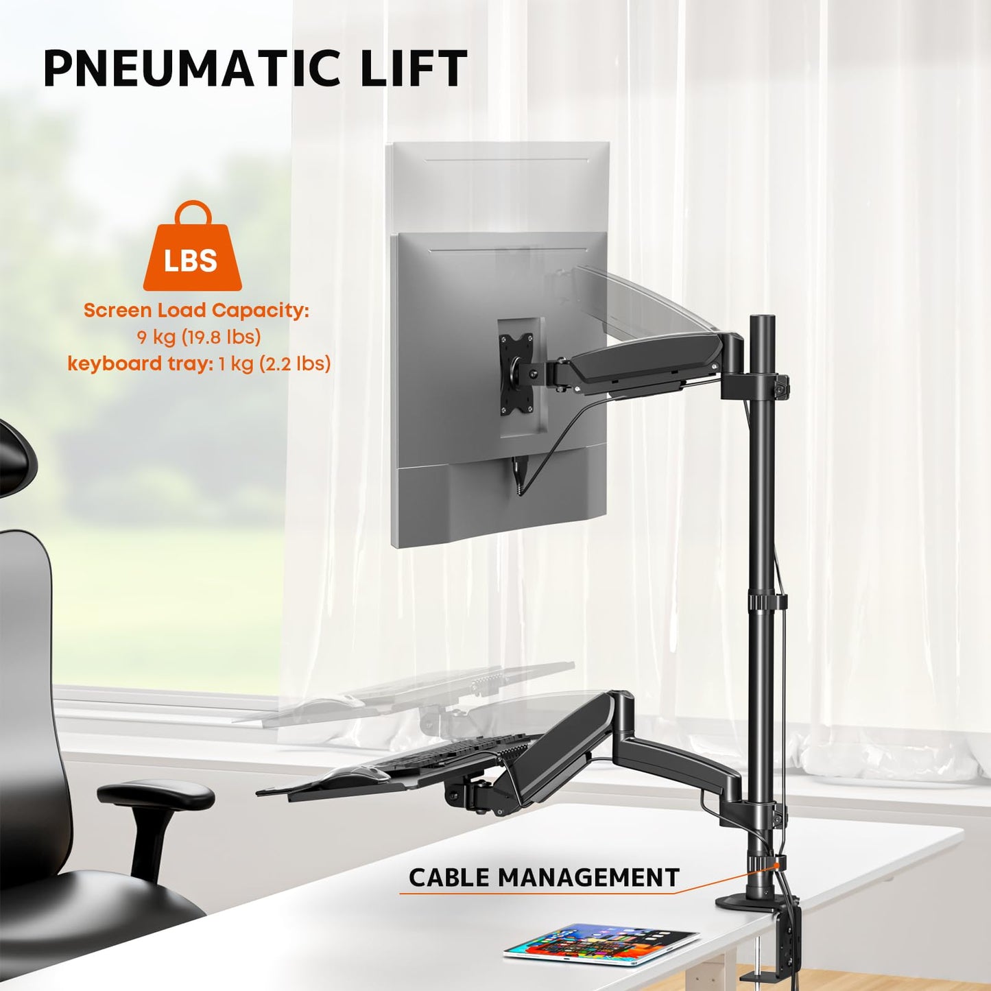 PUTORSEN Sit Stand Monitor Desk Mount for 17-32 inch Screens, Height Adjustable Full-Motion Articulating Arm with Keyboard Tray,19.8 lbs Monitor & 2.2lbs Tray Capacity, C-Clamp & Grommet Mount,Black