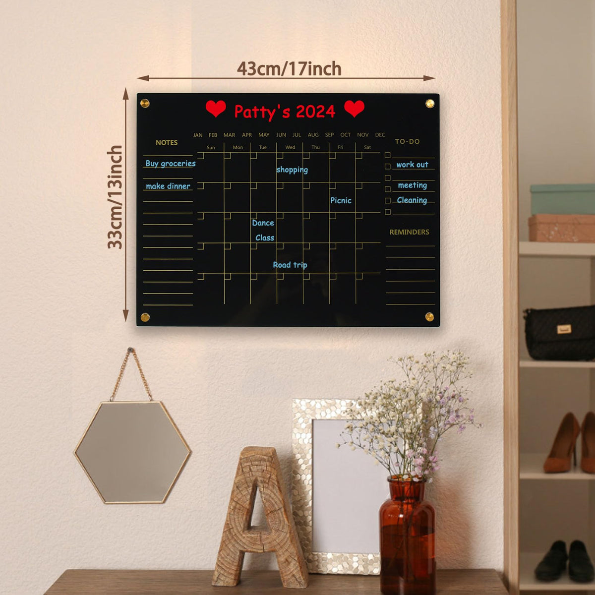 Black Acrylic Calendar Dry Erase for Wall, Family Planner, Monthly Calendar Dry Erase Whiteboard for Home, Office, 17" x 13"Reusable White Board(Acrylic-BK-3343)