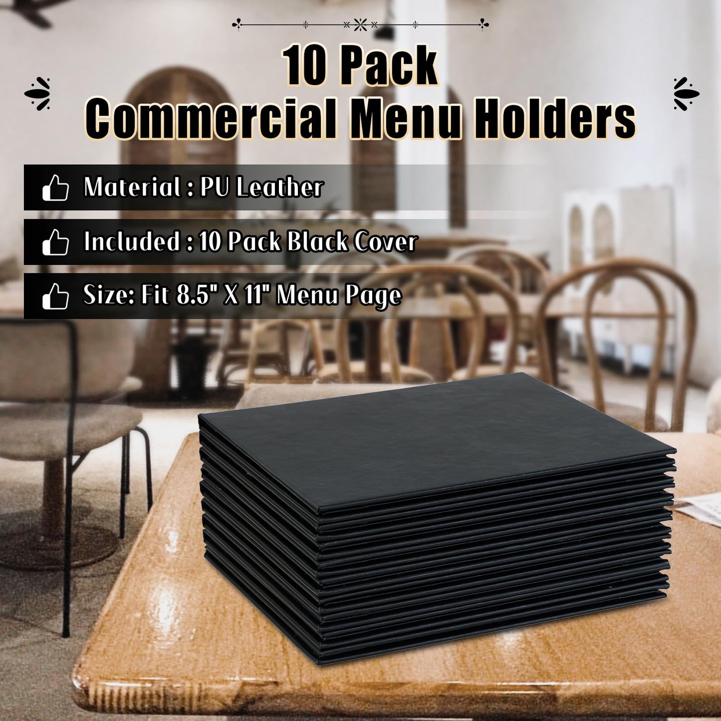 FLKQC Restaurant Menu Holders 8.5" x 11", Pack of 10 Synthetic Leather Double Panel Book Style with Angled Corners, Black