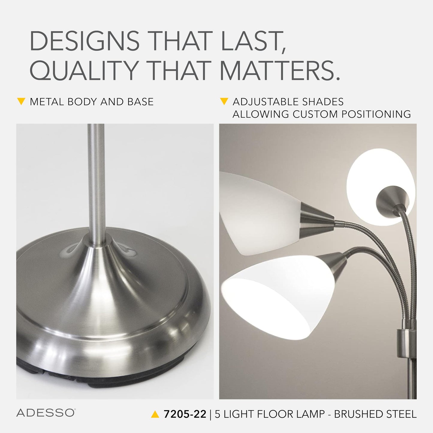 Adesso Floor Lamp with 5 Movable Shades & Adjustable Brightness – Perfect Lighting for Bedroom Decor, Beauty & Art Studio, Silver