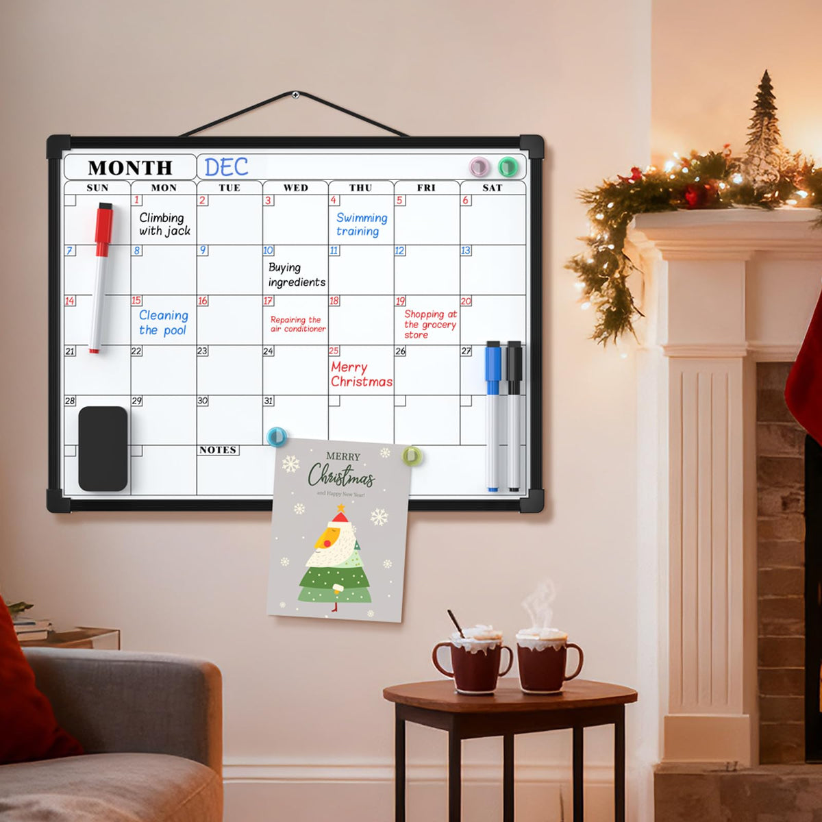 MaxGear Monthly Calendar Dry Erase Board for Wall, 16"x12" Small Hanging Double-Sided White Board, Portable Whiteboard for Planning, Drawing, Memo, to Do List, School, Home, Office, Black Frame