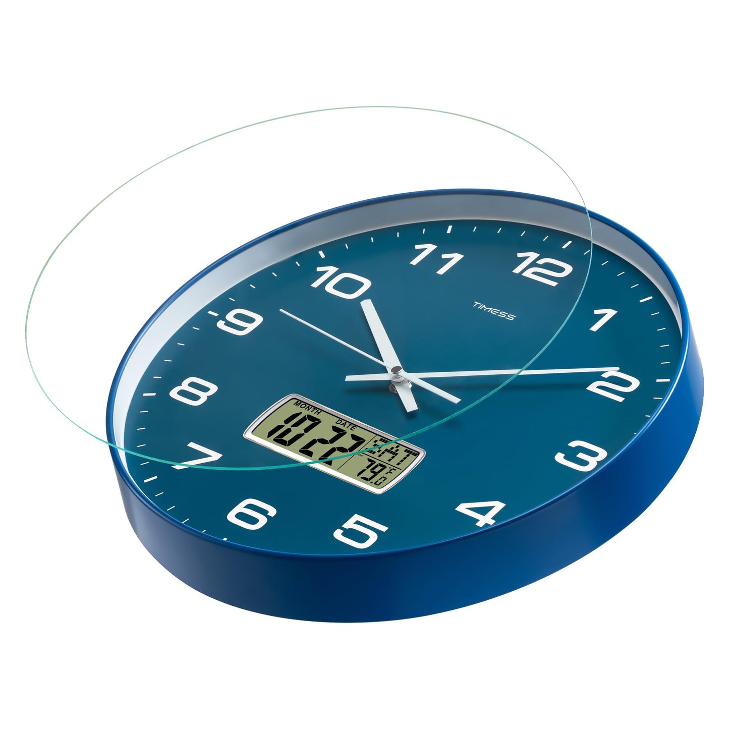 TIMESS Wall Clock, 14" Large Dial Non-Ticking Silent Battery Operated Analog with LCD Display for Perpetual Calendar and F° Temperature, Ideal Modern Home, Bedroom, Kitchen, Office Decor (Blue)