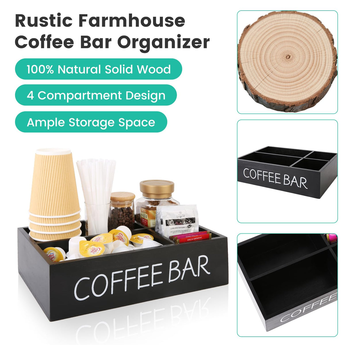 SLLPL Coffee Bar Organizer – Wooden Coffee Station with 4 Compartments, Removable Dividers, and Condiment Storage for Home & Office