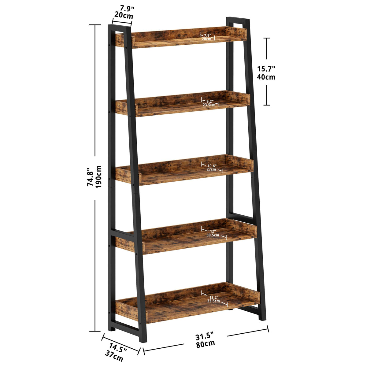 IRONCK Ladder Shelf, Ladder Bookshelf 5-Tier 74.8in Tall, Industrial Bookcase and Bookshelf, Display Shelf Metal Frame for Home Office, Bathroom, Living Room, Vintage Brown