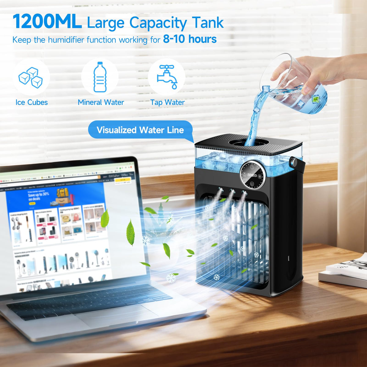 Portable Air Conditioners, 4 in 1 Evaporative Air Cooler with 1200ML Tank, Queit Cooling Fan with Remote Control, 2-8H Timer, 3 Modes & 8 LED Lights, Personal AC Unit for Bedroom, Office and Camping