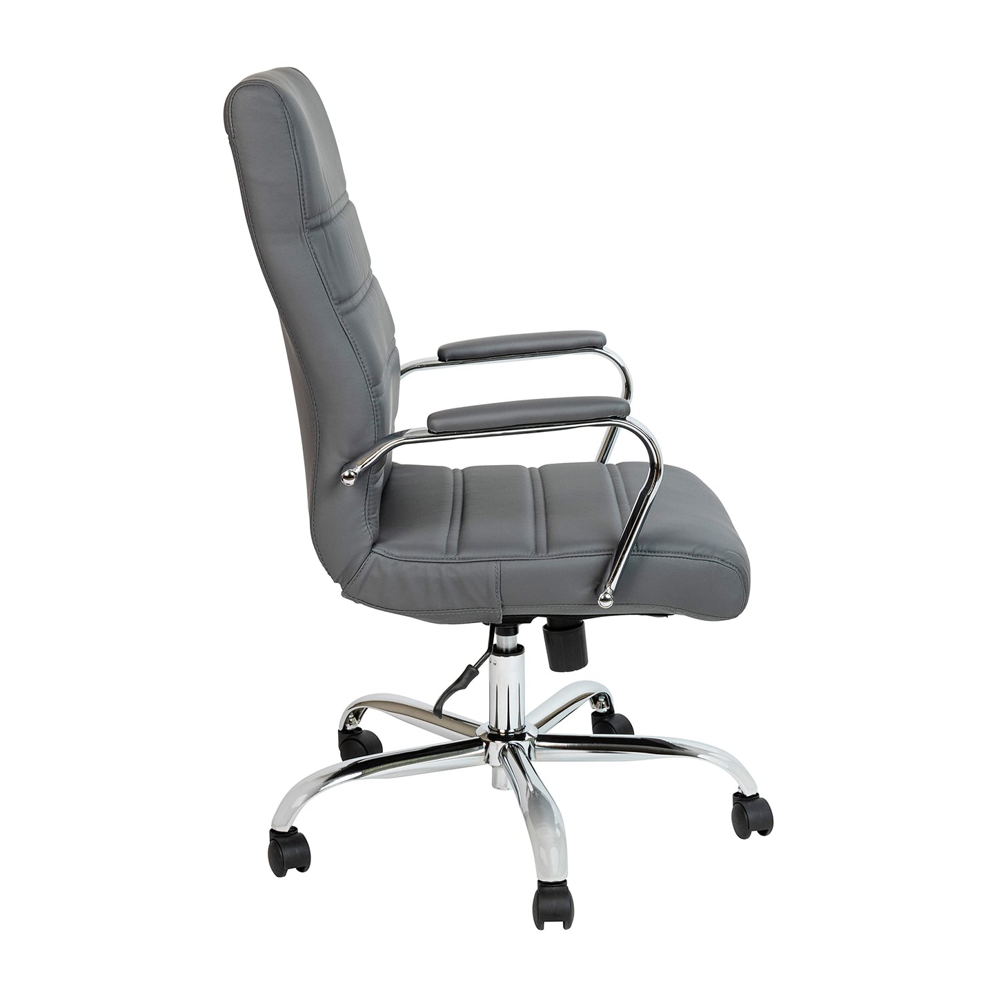 Flash Furniture Whitney High-Back Swivel LeatherSoft Desk Chair with Padded Seat and Armrests, Adjustable Height Padded Office Chair, Gray/Chrome