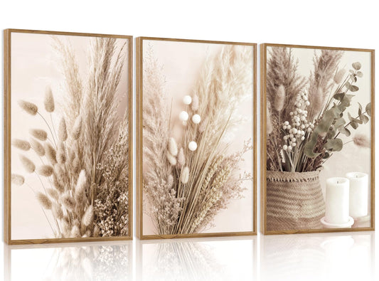 IARTTOP Framed Neutral Beige Floral Wall Art, Vintage Botanical Flowers Canvas Poster Boho Pampas Grass Wall Decor,Modern Minimalist Natural Plant Art Prints for Living Room Bedroom Office-16”x24”x3