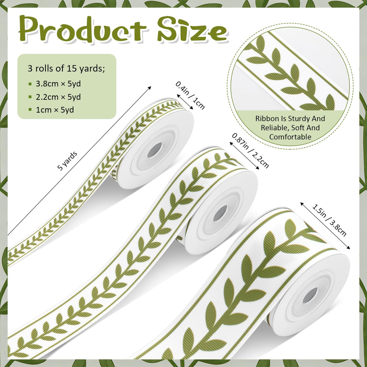 Cunno 3 Rolls Leaf Ribbon Decorating Material White Green Jacquard Ribbon Party Accessory for Curtain Home Decor Sewing DIY Gift Wrapping Crafts, 0.4, 0.87, 1.5 Inch Wide, 15 Yard