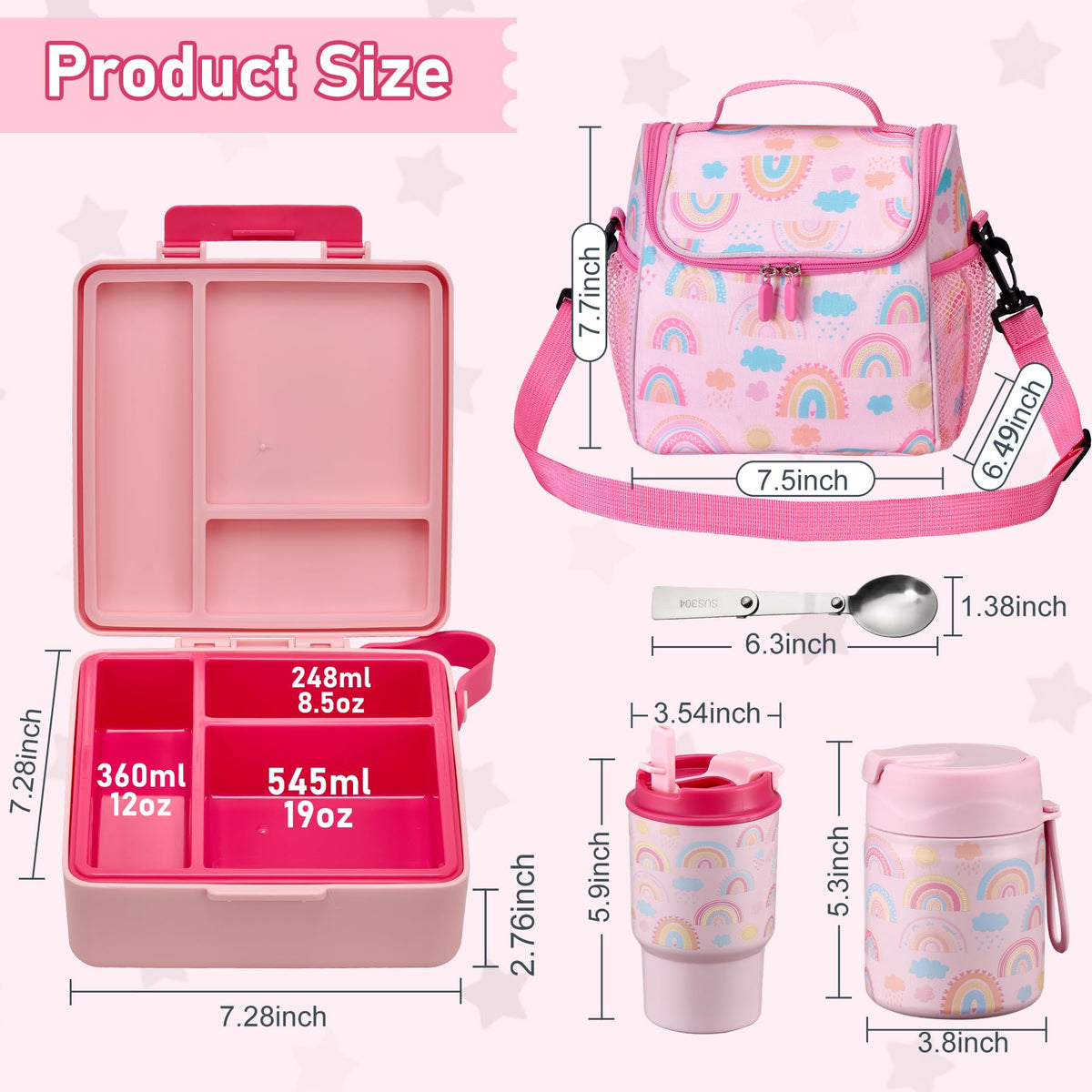 Bento Lunch Box for Kids with 17oz Soup Thermo,Insulated Tumbler Water Bottle and Insulated Lunch Bag,Leak-Proof 3 Compartment Lunch Food Container with Ice Pack for Kids to School-Rainbow