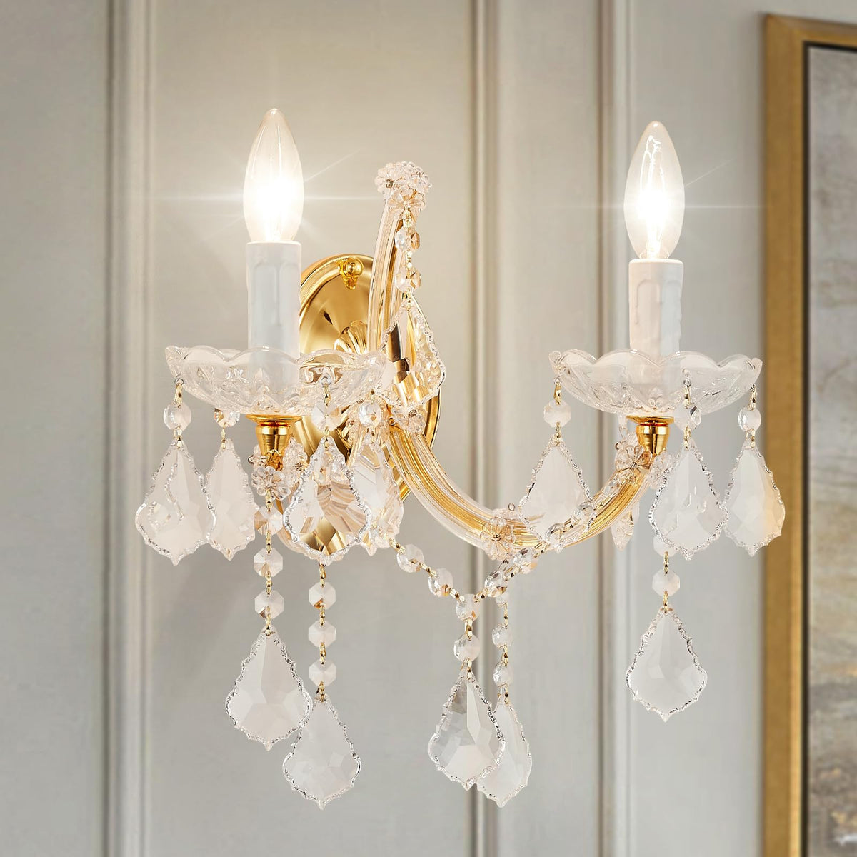SHAOCHIAO Crystal Wall Sconce Lighting, 2-Light Modern Crystal Wall Light Fixture Bathroom Maria Theresa Wall Lamp Light Fixtures for Living Room Wall Sconce Light Wall Mounted Lamp Indoor