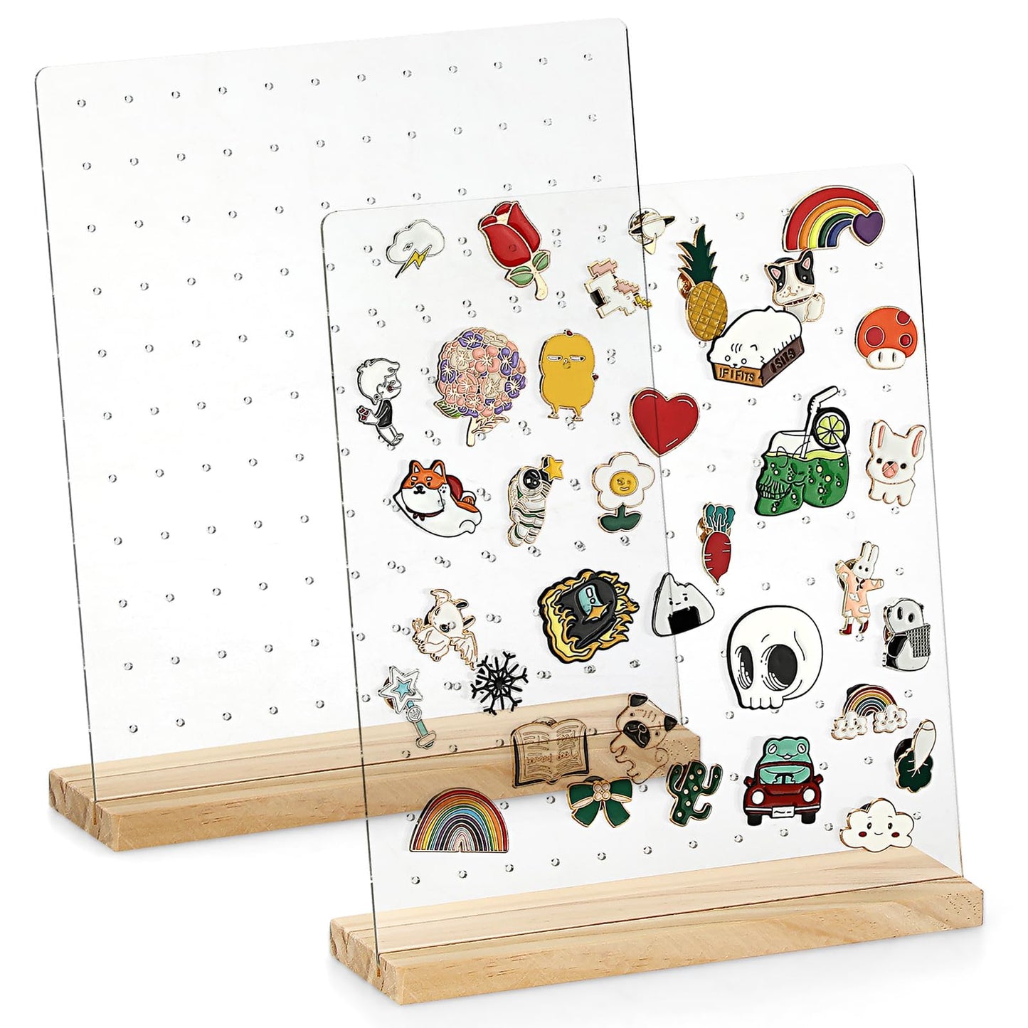 JUXYES Pack of 2 Clear Acrylic Enamel Pin Display Stand with Wooden Base. Tabletop Pin Organizer Display Storage Stand. Hold Up To 132 Pins