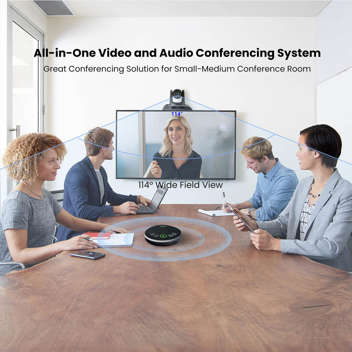 TONGVEO All-in-One Conference Room Video Camera System Al Auto-Tracking HD1080P 60fps 3X Optical Zoom USB3.0 HDMI PTZ Camera and Bluetooth Conference Speakerphone with Microphones