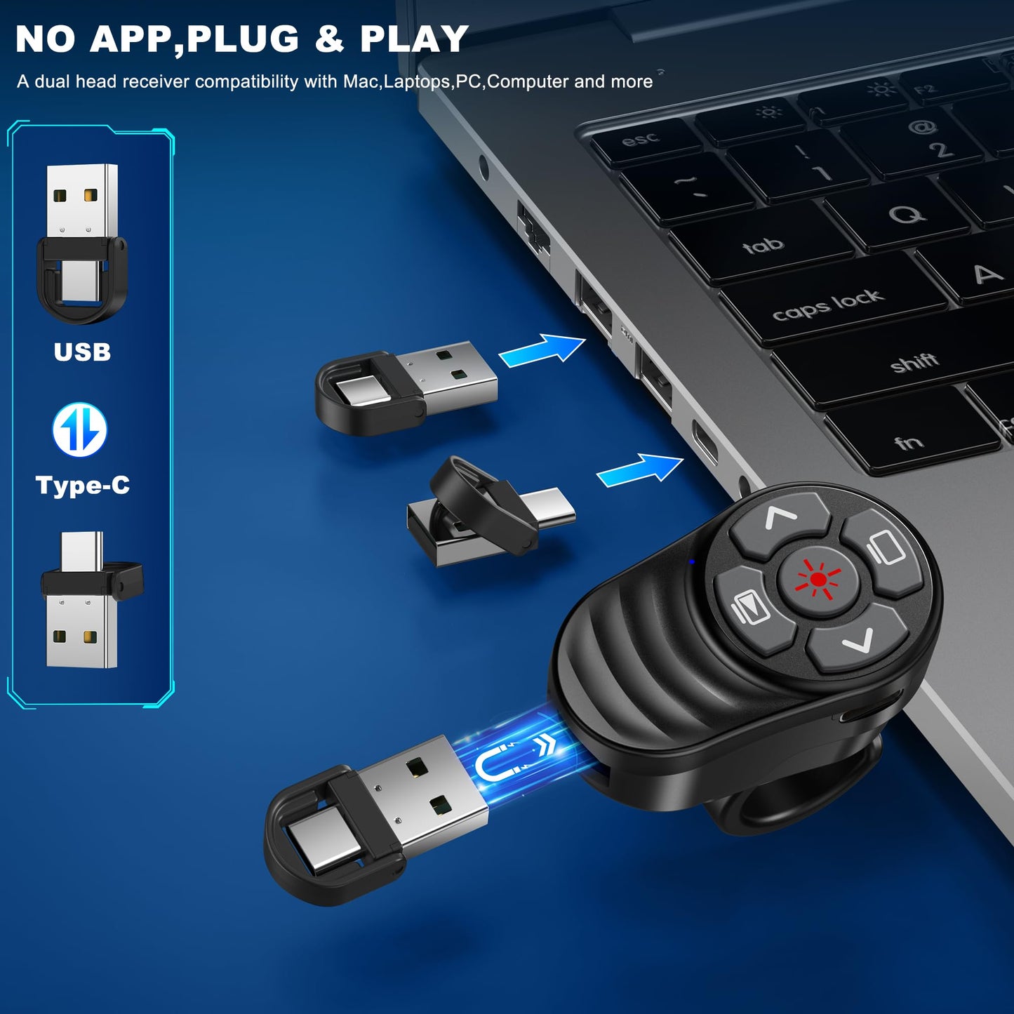 2 in 1 Presentation Clicker with Laser Pointer Finger Ring Clicker Rechargeable Presentation Clicker Long Distance PPT Clicker Remote Wireless Clicker Laser Pointer for Classroom Teacher Projector
