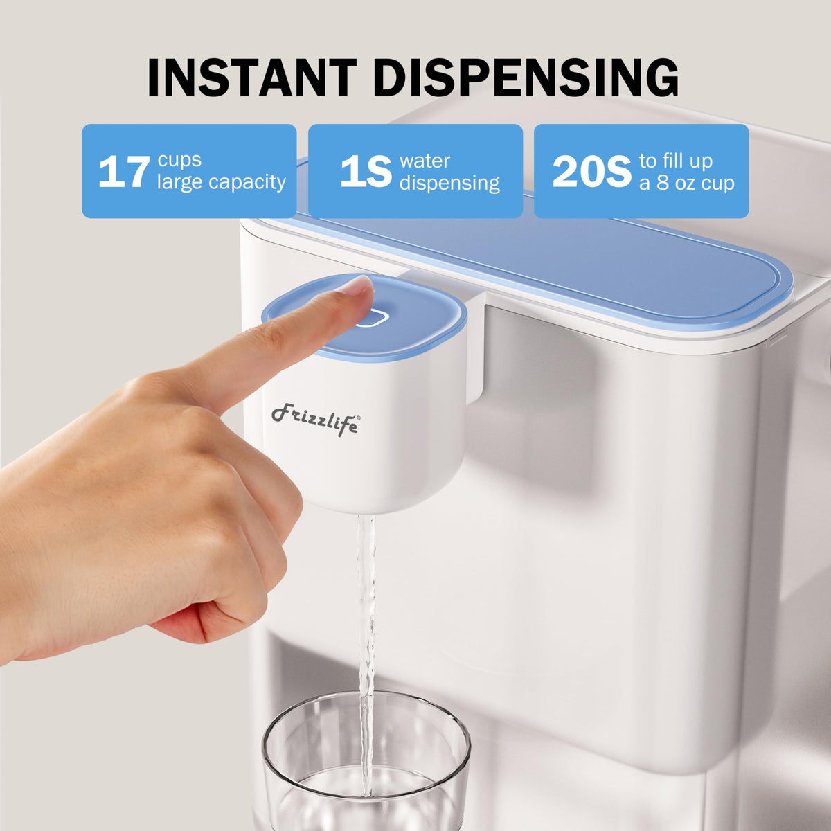 Frizzlife MD40 Electric Water Filter Dispenser with 4 Filters, 400 Gallon, NSF/ANSI 53&42&372, Reduce Lead, PFAS, 6 Months Filter Life Pitcher, Countertop Rechargeable Instant System