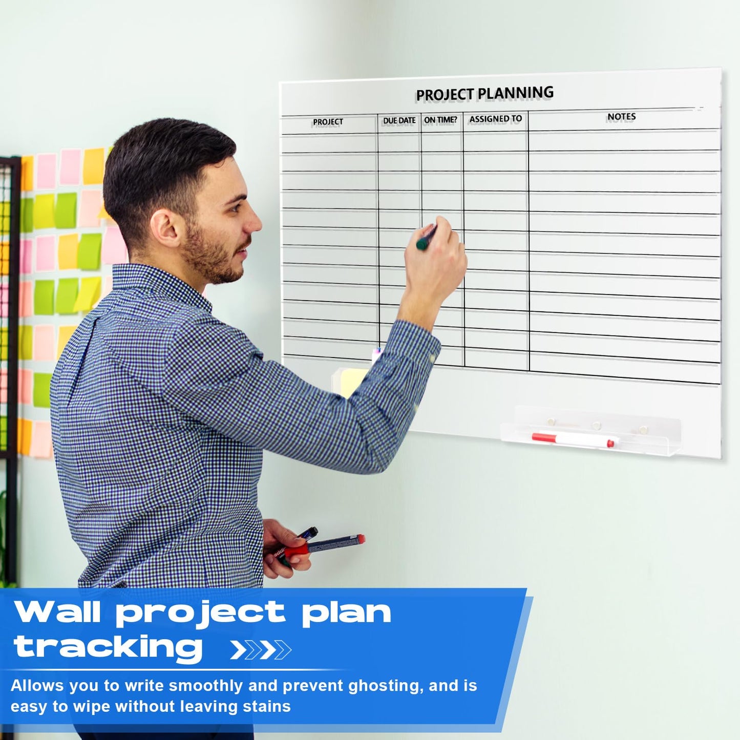 Lincia Acrylic Project Planning Board, 24 x 18 Inch Clear Wall Schedule Dry Erase Board with 8 Markers and Eraser, Whiteboard Planner with Lines for Home Office Project and Family Organization