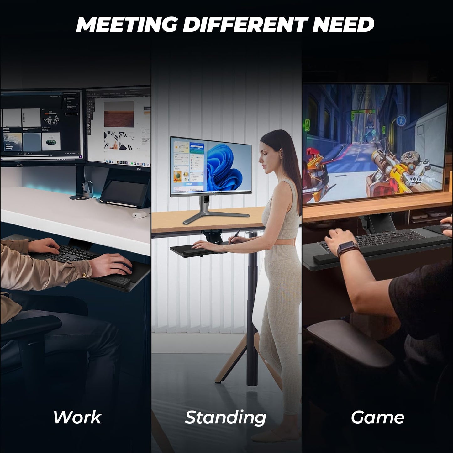 Keyboard Tray Under Desk， 360° Adjustable Slide Out Keyboard Tray Under Desk with Mouse Pad & Wrist Rest，Ergonomic Large Size Keypad Tray Holder， Suitable for Office/Game/Home