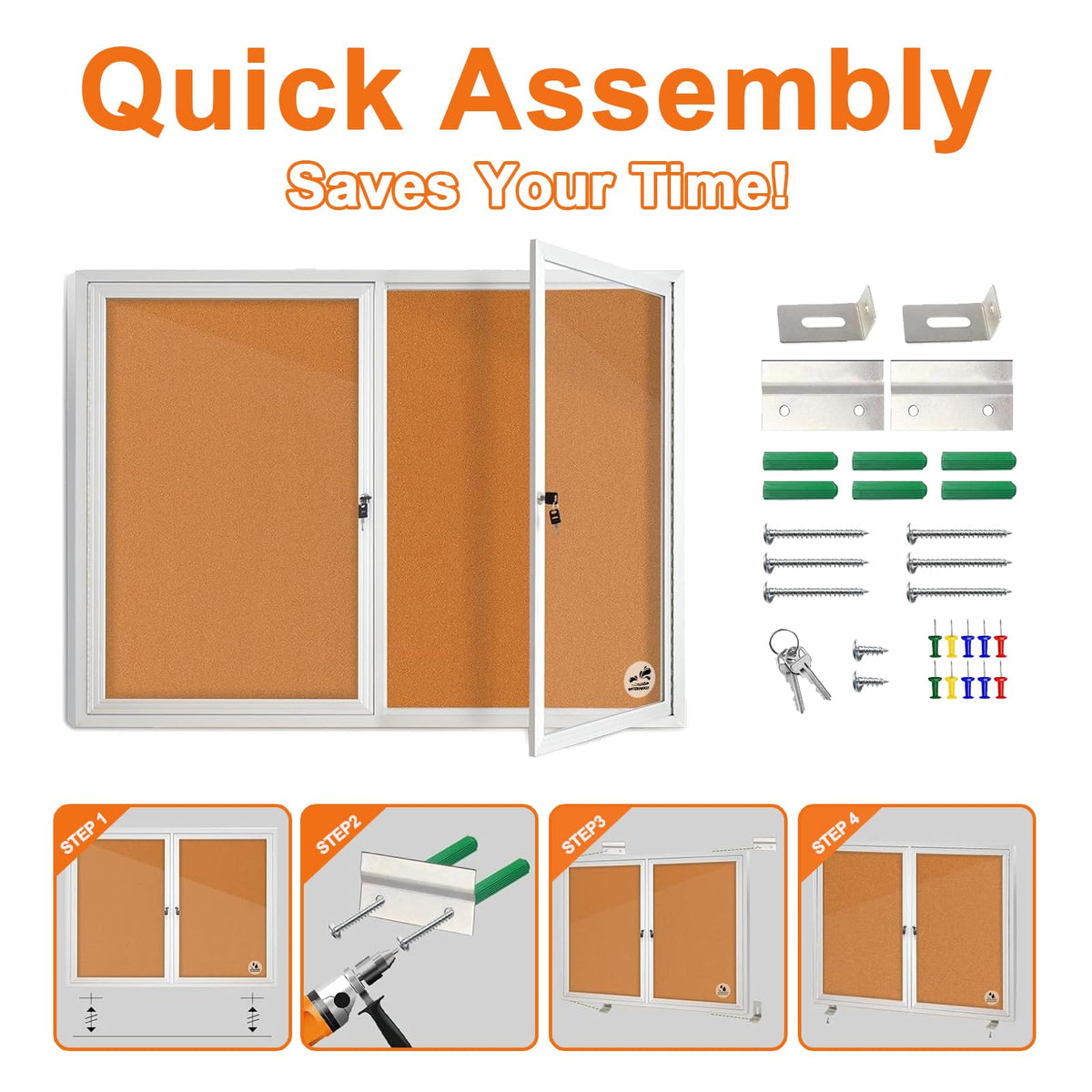 Outdoor Enclosed Cork Bulletin Board 44x32 Inch, Double Door Lockable Wall-Mounted Weatherproof Display Case, Tamperproof Notice Memo Poster Board with Aluminum Frame for Office, School, Community