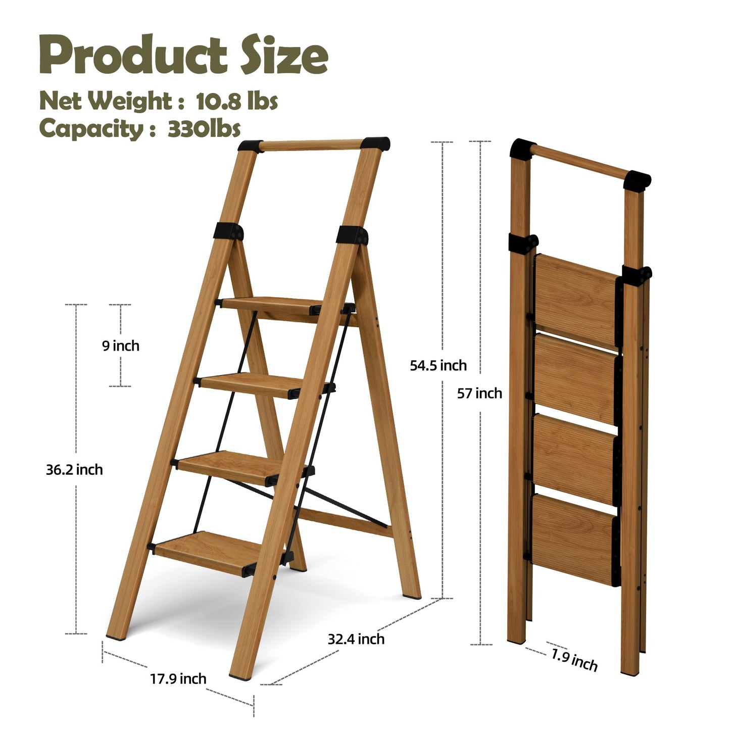 Taranta 4 Step Ladder, Portable Folding Ladder with Wide Pedal, Lightweight Aluminum Step Stool with Convenient Handgrip, 330 lbs Capacity Stepladder for Home, Office - Woodgrain