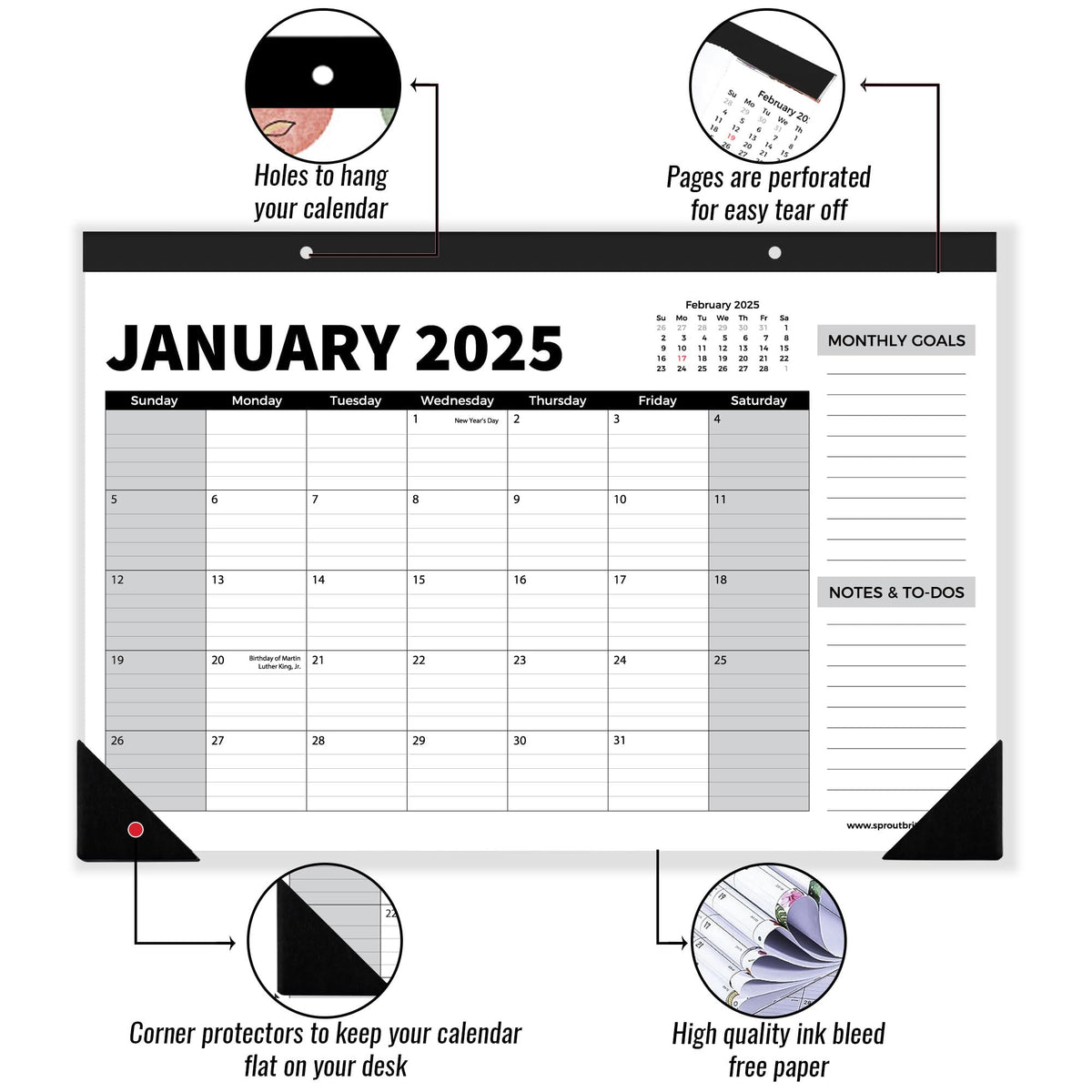 Sproutbrite 18 Month Calendar - 17" x 11.5" Medium Size Desk Calendar 2025-2026, Desktop Monthly Planner with To-Do List and Notes, Home, Office Desk Calendar (3 Pack, Jan 2025)