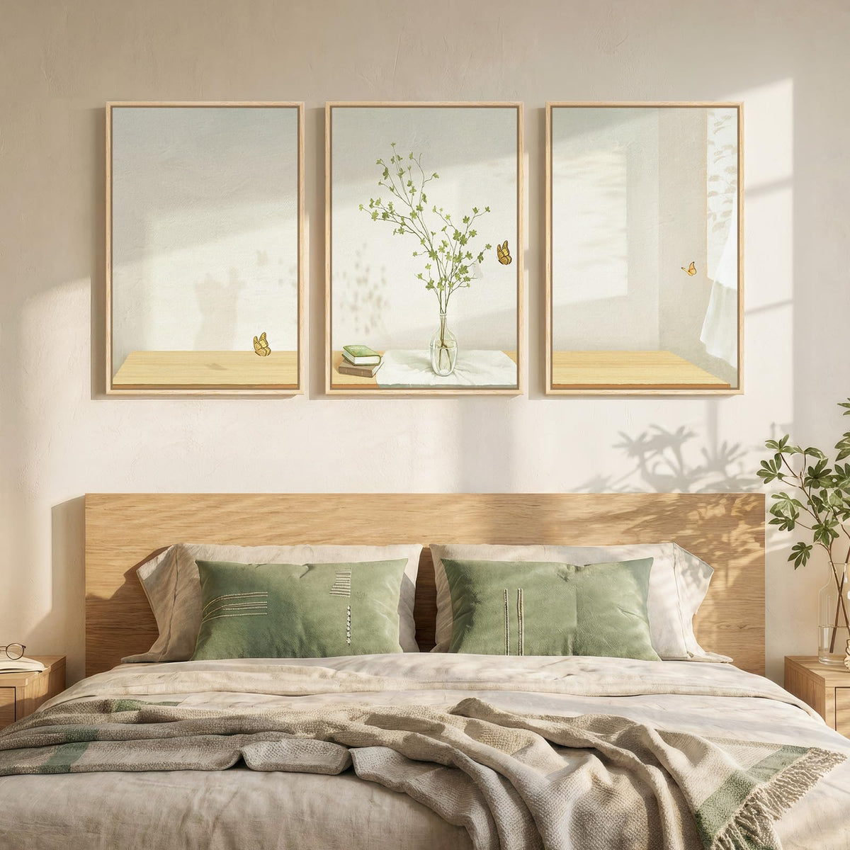 Framed Botanical Neutral 3 Piece Wall Art for Living Room, Minimalist Butterfly Sunshine Canvas Artwork for Walls, Peaceful Sill Life Illustration Print Bedroom Dining Room Office Wall Decor, 16x24 In