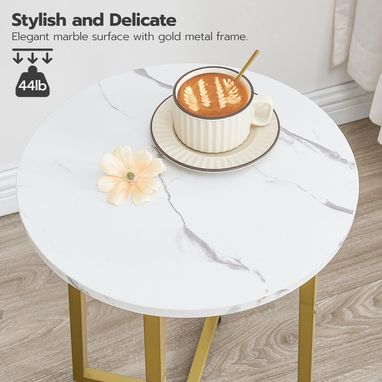 HOOBRO Side Table, Round End Accent Table with Sturdy Metal Pedestal, 15.7" Round Nightstand, for Living Room, Bedroom, Balcony, Office, Marble and Gold DM95BZ01