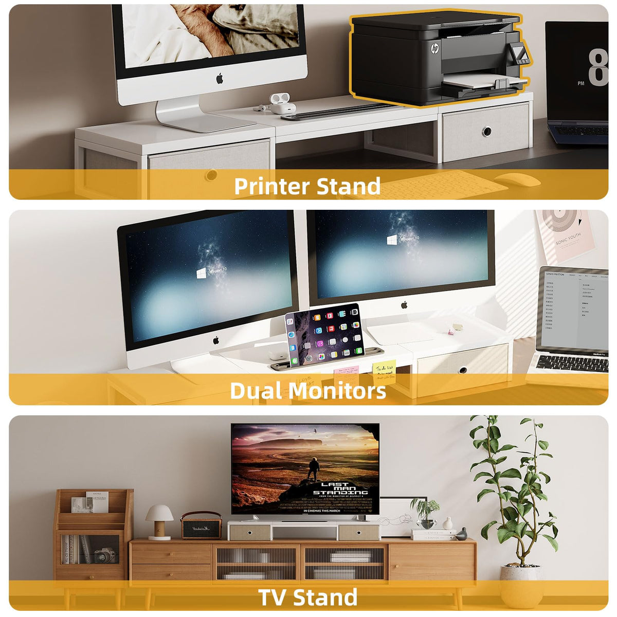 39 Inch Dual Monitor Stand Riser with 2 Drawers - Large White Wooden Computer Stand for 2 Monitors, Ergonomic Desk Organizer with Phone Holder, Desktop Storage for Laptop, Office Supplies, Home Office