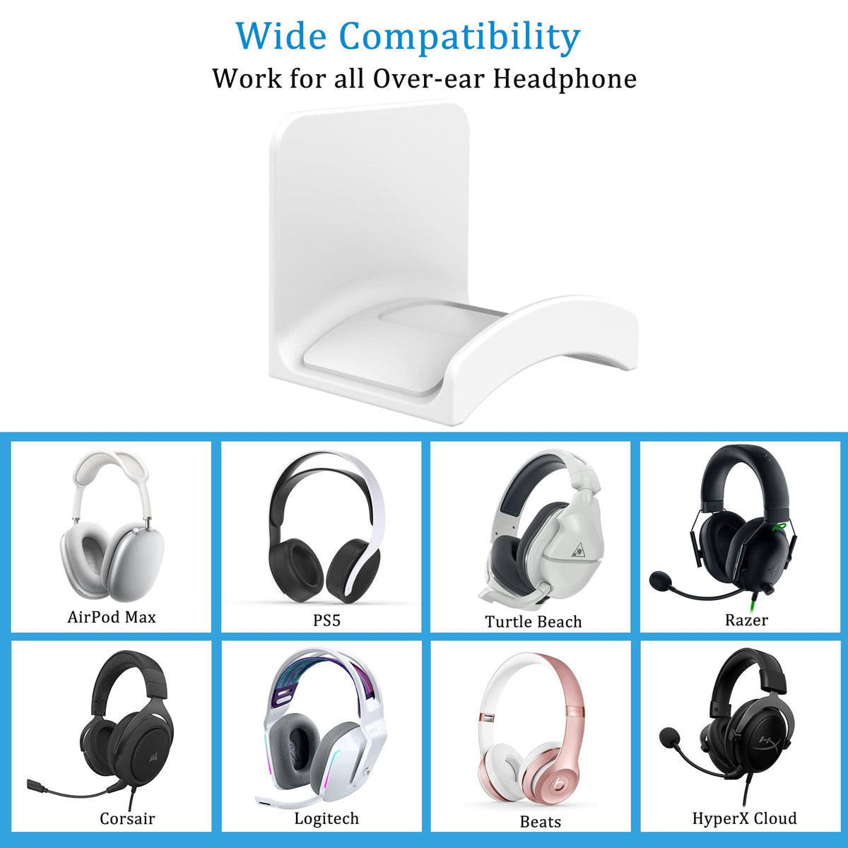 SOKUSIN Headphone Stand Headset Holder - Adhesive Gaming Earphones Hanger, Universal Desk Wall Mount Hook for All Headphone/Controller, Compatible with Beats, AirPods Max,Sony, JBL (White-2PCS)