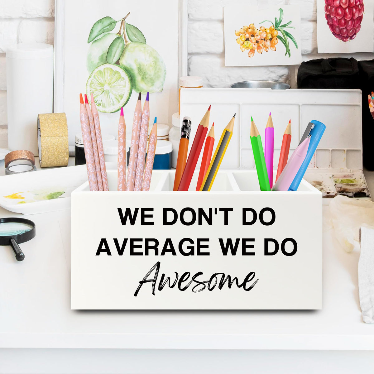 XPH Inspirational Pen Pencil Holder Organizer for Desk, Inspirational Gifts for Women, We Don't Do Average We Do Awesome Motivational Wooden Box Sign for Home Office Desk Tabletop Decorations