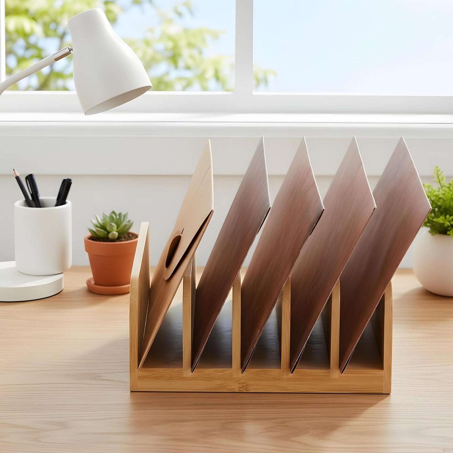 Kifmurase 2Pcs Desk Mail Organizer with Divider, Bamboo File Holders, Vertical Letter Sorter for Desktop, Countertop Paper Organizer, 5 Compartments Envelope Holders for Bill, Document, Notebook