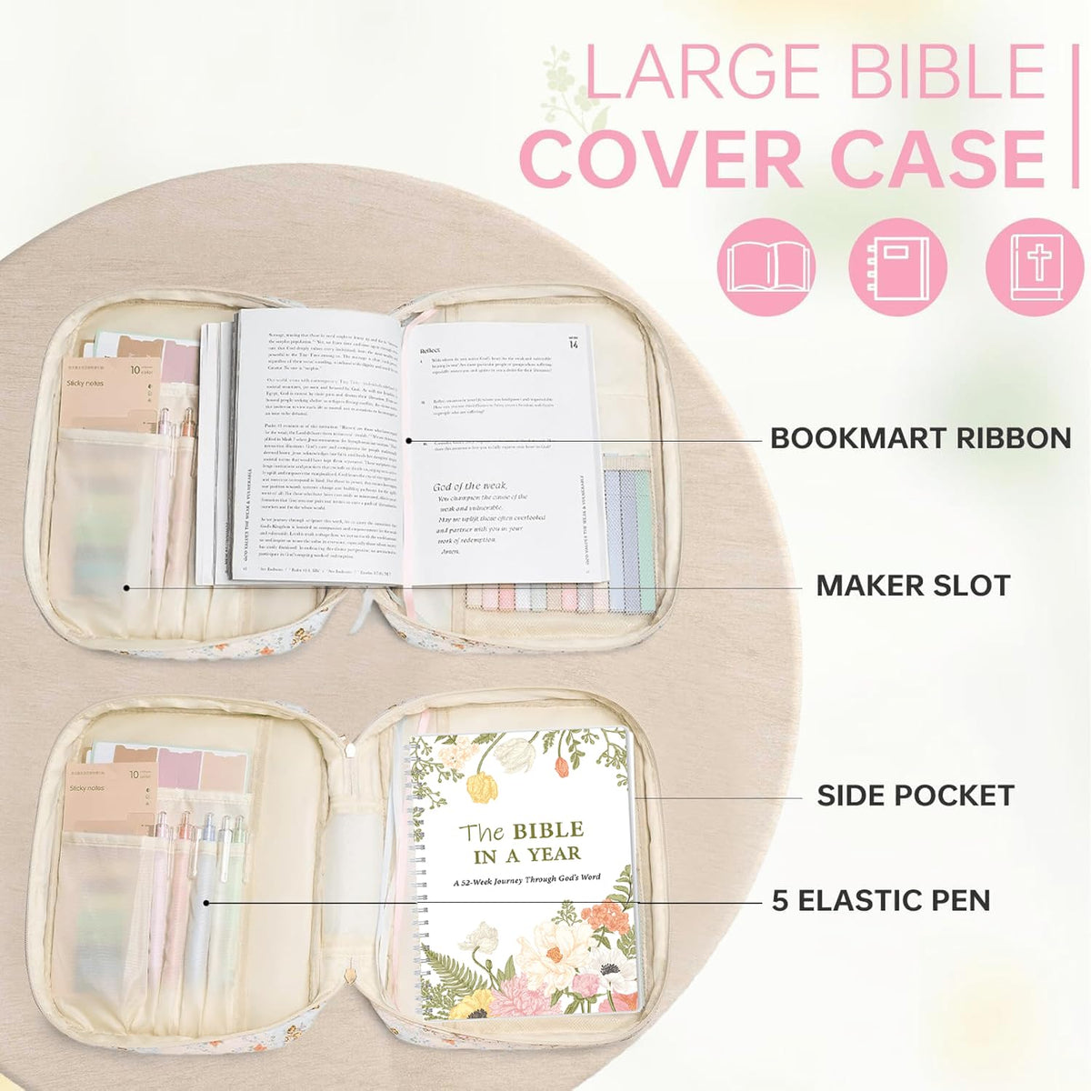 Bible Cover Set with Handle, Large Quilted Bible Bag for Women Girls, Bible Study Supplies Kit with Tabs, Pens, Sticky Notes, Study Planner & Scripture Cards, Christian Gifts for Devotional Journaling