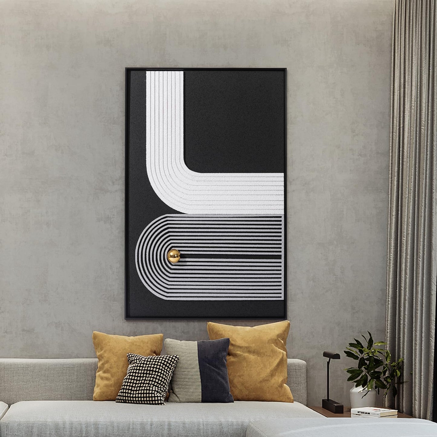 AMAATE 3 Pieces 3D Sandstone Wall Art, Black Metal Framed Abstract Geometric Wall Decor with Gold Spheres, Black White Texture Luxury Relief Paintings for Living Room Bedroom Office, 16x24 Inches, Ready to Hang